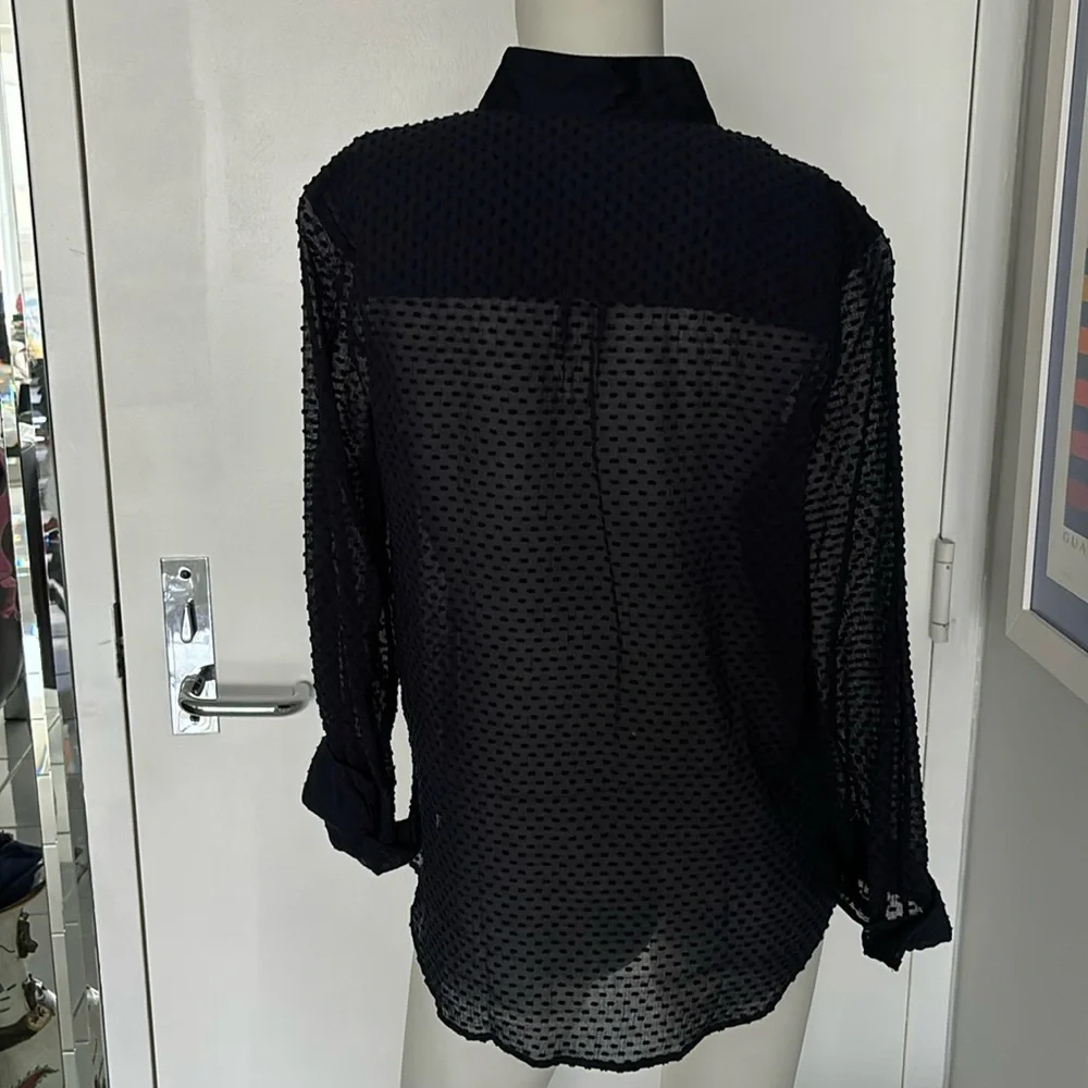 J. Crew Navy Pleated Swiss Dot Tuxedo Sheer Blouse - Picture 6 of 9